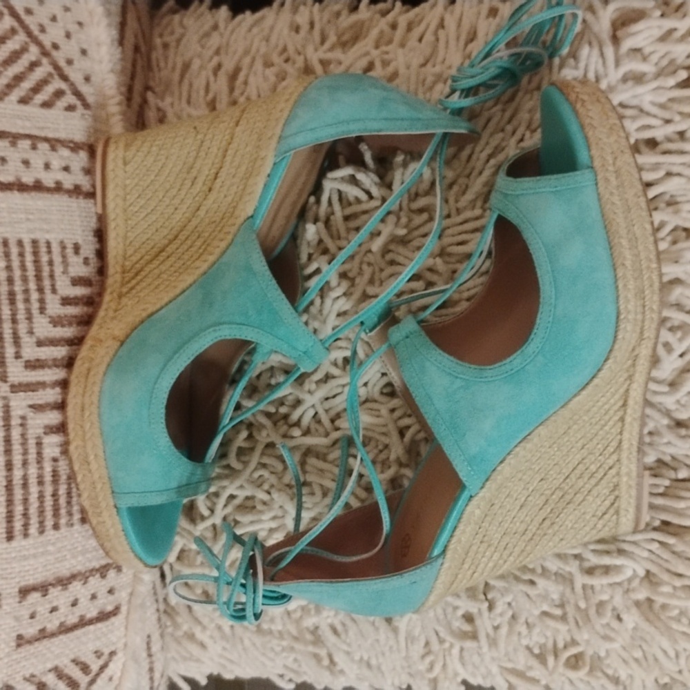 Trina Turk Turquoise Suede Leather Lace up Ankle Wrap Wedge Sandals - Picture 3 of 12